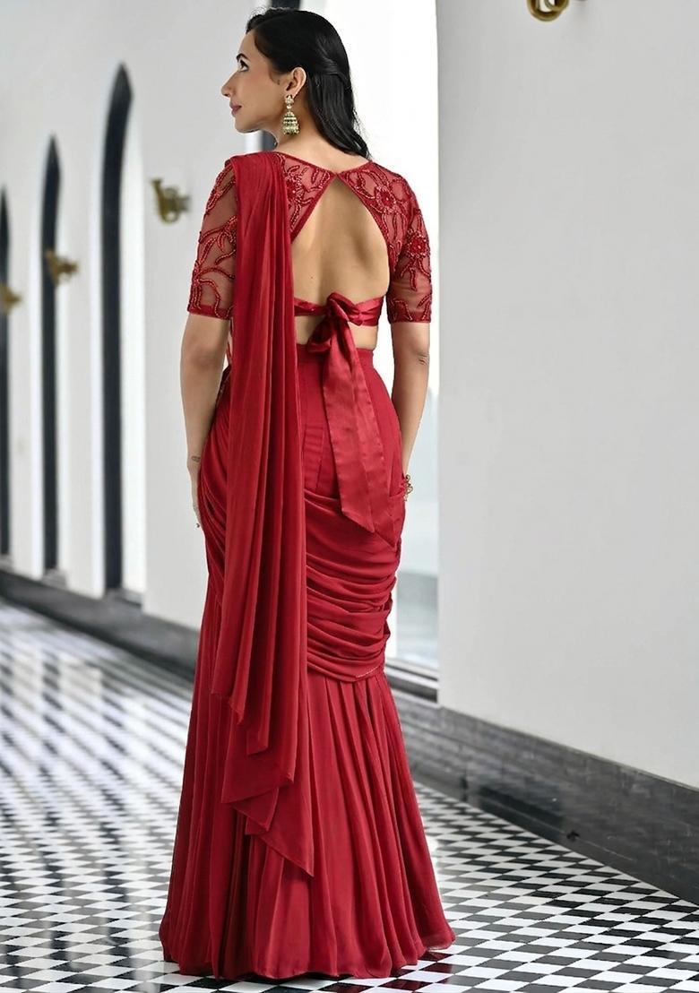 Crimson Red Embroidered Handwork Pre Draped Saree Set - Indya