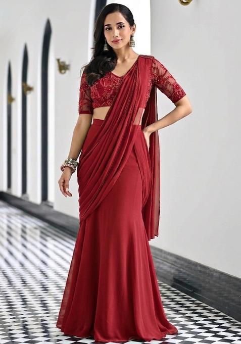 Crimson Red Embroidered Handwork Pre Draped Saree Set