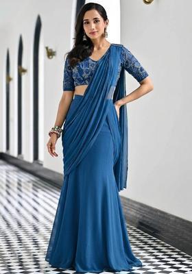 Teal Blue Embroidered Handwork Pre Draped Saree Set