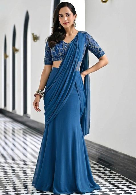 Teal Blue Embroidered Handwork Pre Draped Saree Set