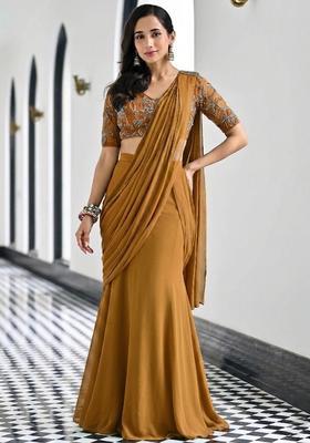 Mustard Yellow Embroidered Handwork Pre Draped Saree Set