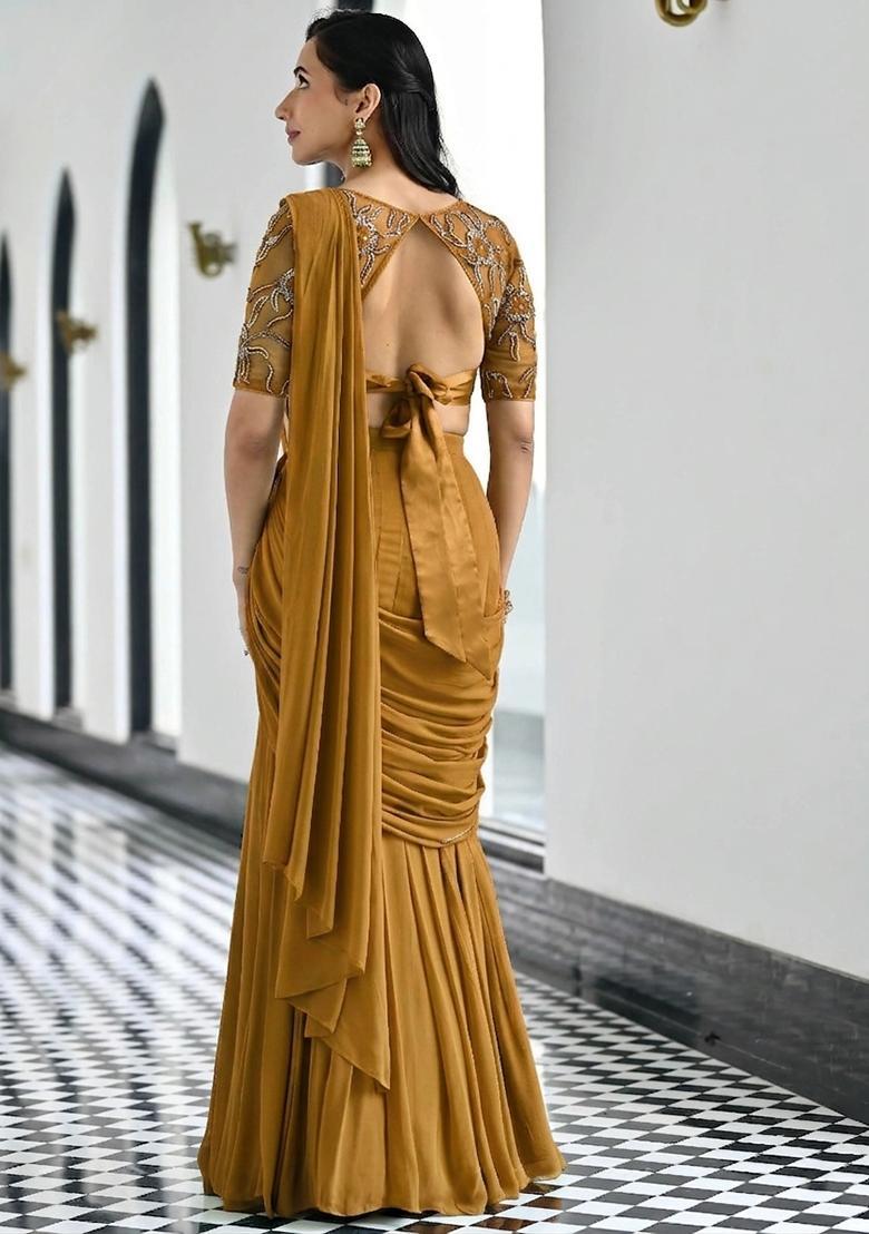 Mustard Yellow Embroidered Handwork Pre Draped Saree Set - Indya
