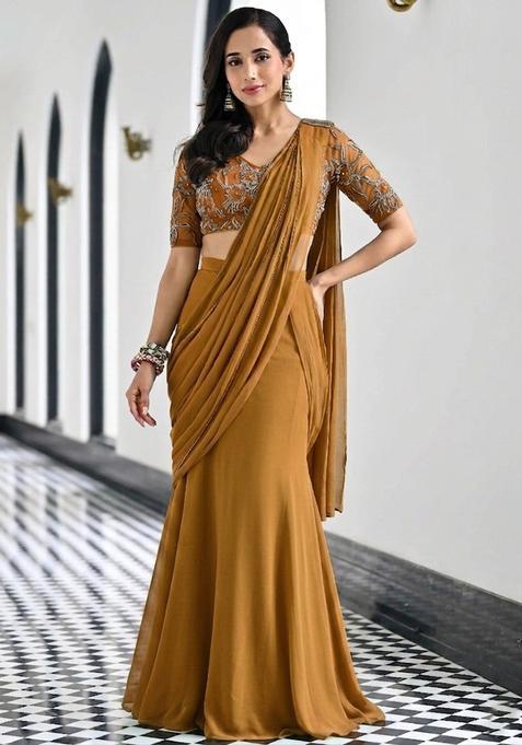 Mustard Yellow Embroidered Handwork Pre Draped Saree Set