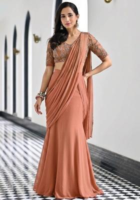 Copper Peach Embroidered Handwork Pre Draped Saree Set