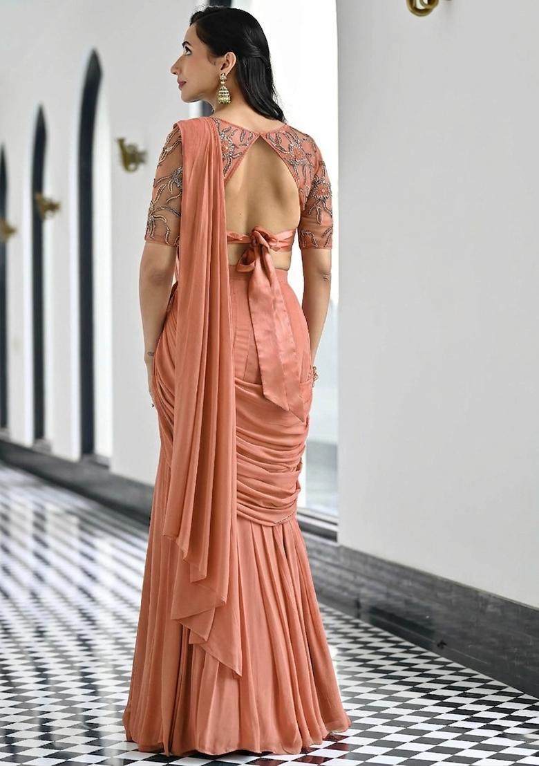 Copper Peach Embroidered Handwork Pre Draped Saree Set - Indya
