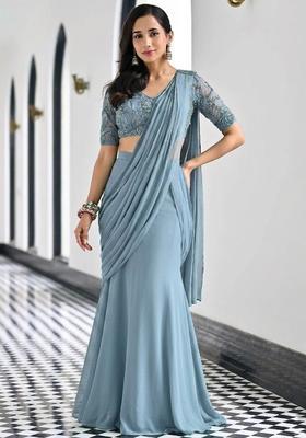 Powder Blue Embroidered Handwork Pre Draped Saree Set