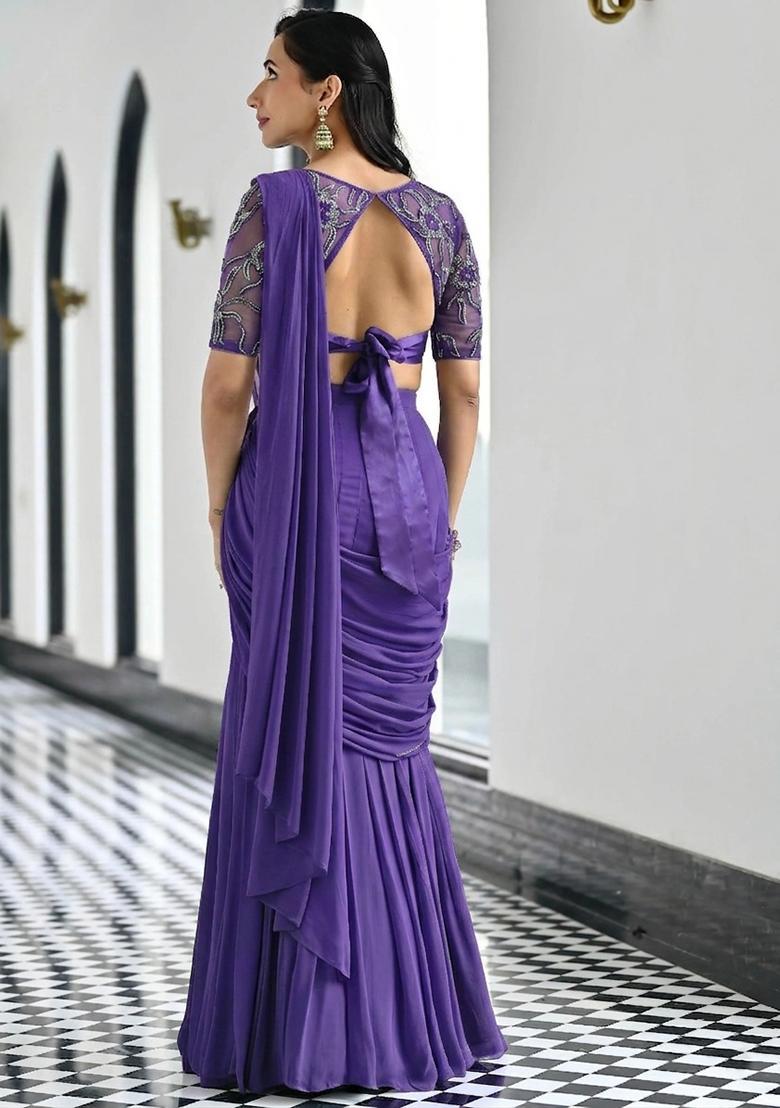 Powder Blue Embroidered Handwork Pre Draped Saree Set - Indya