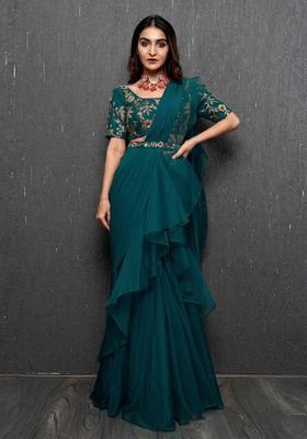 Teal Green Embroidered Handwork Pre Draped Saree Set