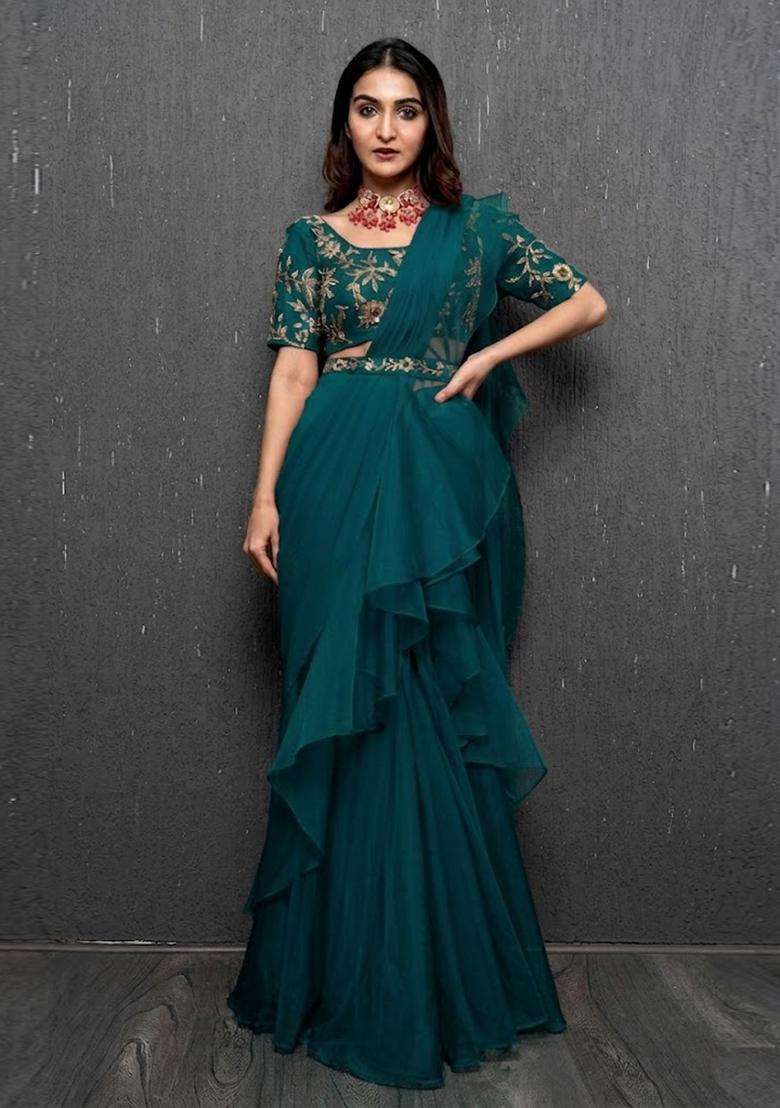 Teal Green Embroidered Handwork Pre Draped Saree Set - Indya