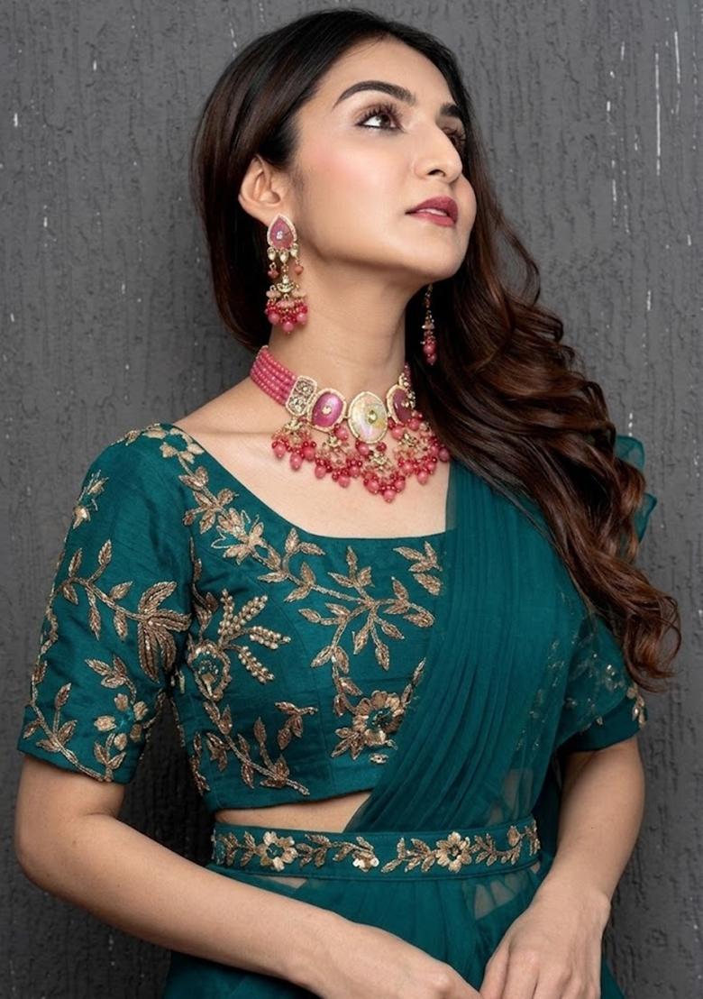 Teal Green Embroidered Handwork Pre Draped Saree Set - Indya