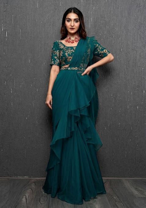 Teal Green Embroidered Handwork Pre Draped Saree Set