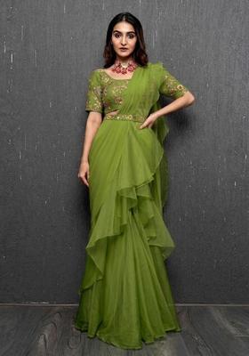 Olive Green Embroidered Handwork Pre Draped Saree Set