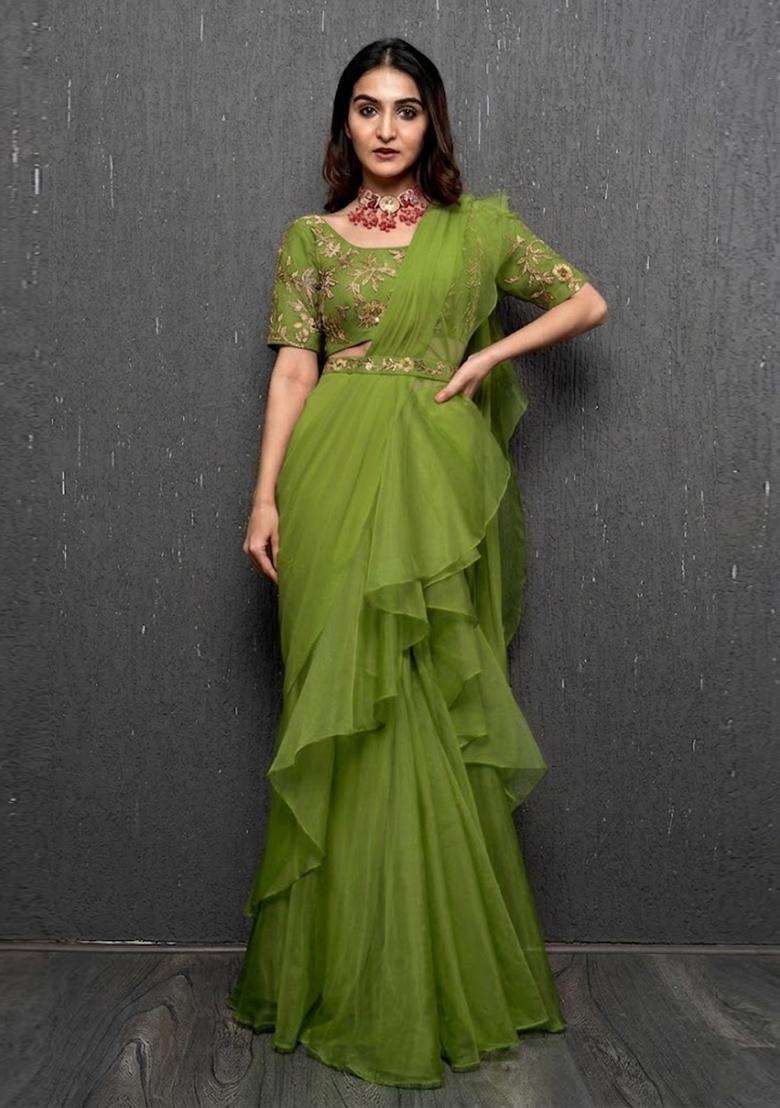 Olive Green Embroidered Handwork Pre Draped Saree Set - Indya