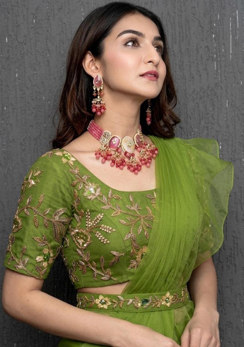 Olive Green Embroidered Handwork Pre Draped Saree Set - Indya