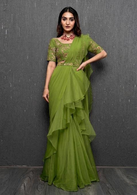 Olive Green Embroidered Handwork Pre Draped Saree Set