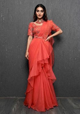 Coral Orange Embroidered Handwork Pre Draped Saree Set