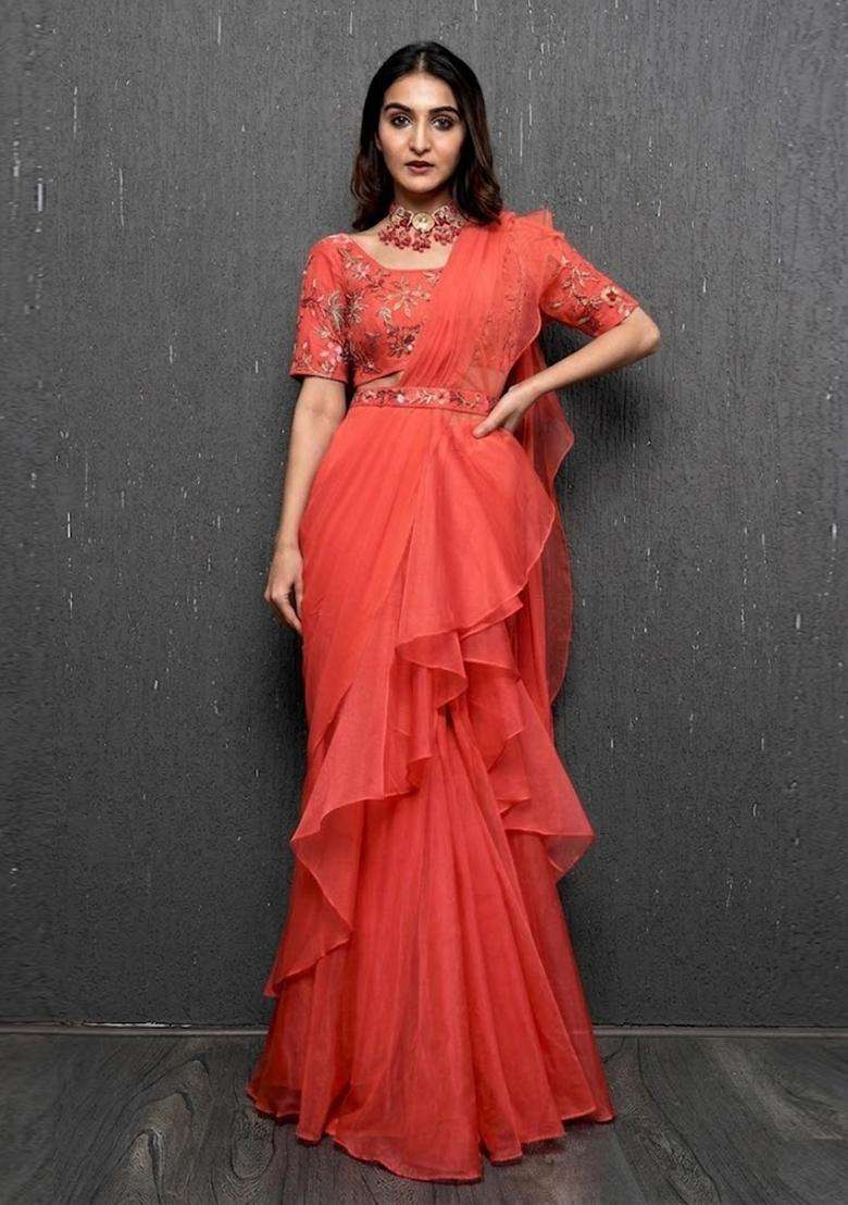 Coral Orange Embroidered Handwork Pre Draped Saree Set - Indya