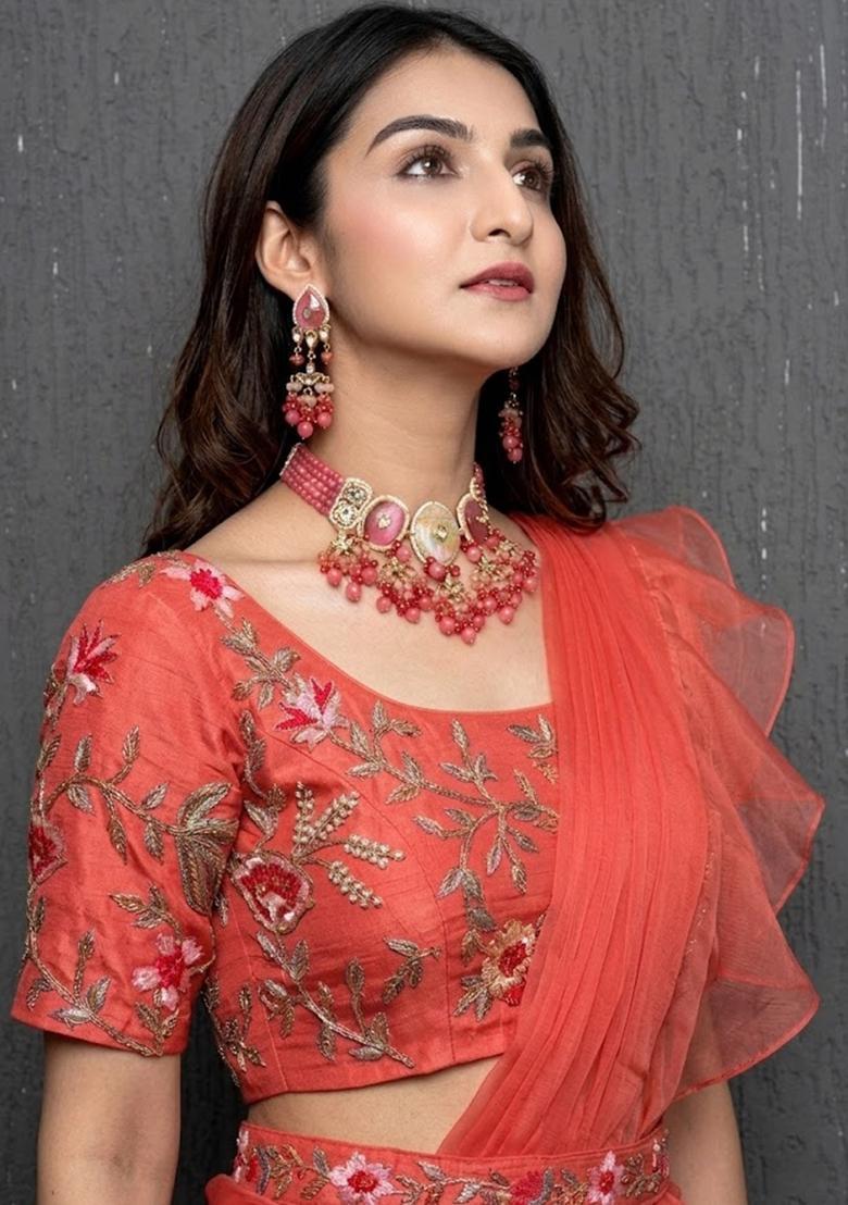 Coral Orange Embroidered Handwork Pre Draped Saree Set - Indya