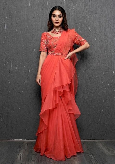Coral Orange Embroidered Handwork Pre Draped Saree Set
