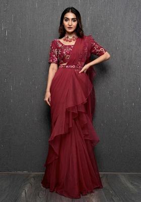 Maroon Red Embroidered Handwork Pre Draped Saree Set