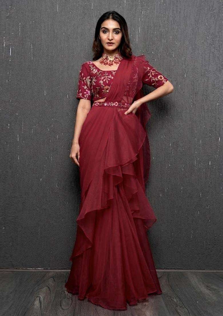 Maroon Red Embroidered Handwork Pre Draped Saree Set - Indya