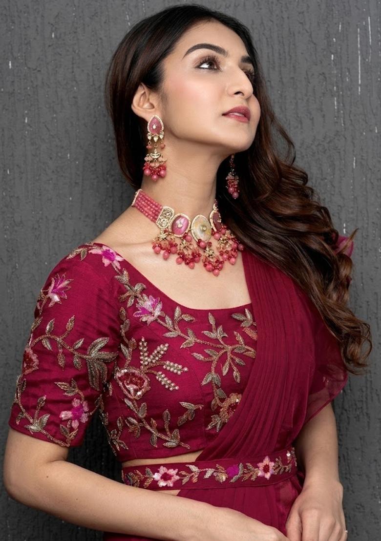 Maroon Red Embroidered Handwork Pre Draped Saree Set - Indya