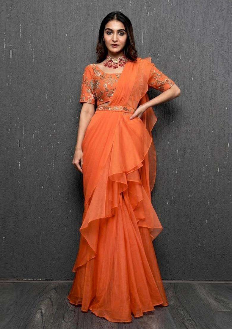 Bright Orange Embroidered Handwork Pre Draped Saree Set - Indya