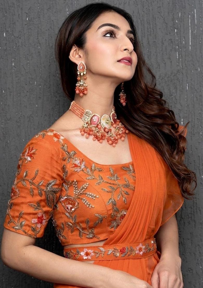Bright Orange Embroidered Handwork Pre Draped Saree Set - Indya