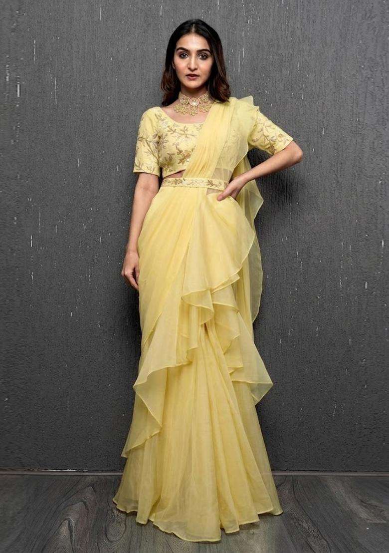 Pastel Yellow Embroidered Handwork Pre Draped Saree Set - Indya