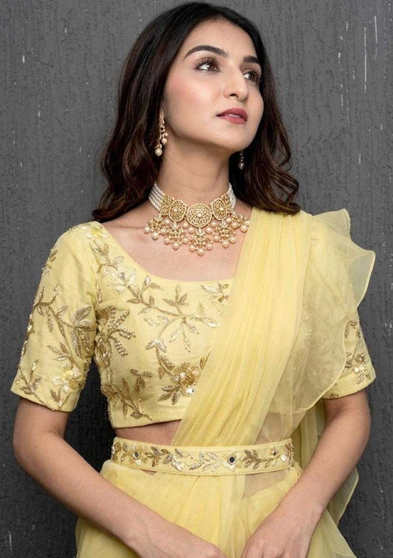 Pastel Yellow Embroidered Handwork Pre Draped Saree Set - Indya