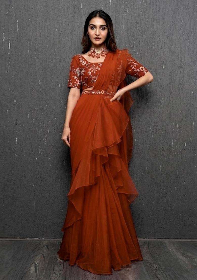 Rust Orange Embroidered Handwork Pre Draped Saree Set - Indya