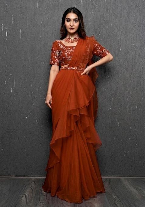 Rust Orange Embroidered Handwork Pre Draped Saree Set