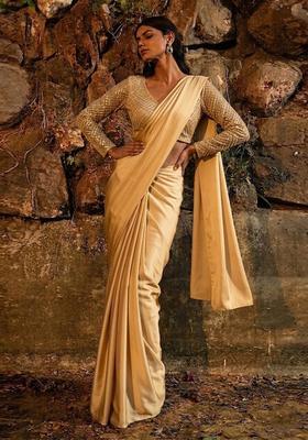 Champagne Gold Embroidered Tissue Pre Draped Saree Set