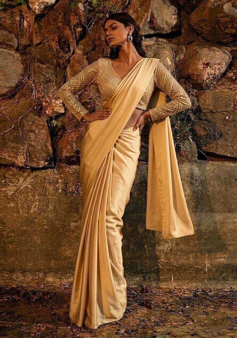 Champagne Gold Embroidered Tissue Pre Draped Saree Set - Indya