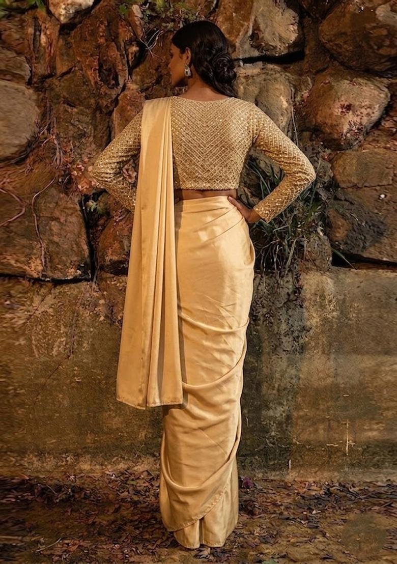 Champagne Gold Embroidered Tissue Pre Draped Saree Set - Indya