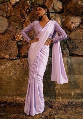 Lilac Embroidered Tissue Pre Draped Saree Set