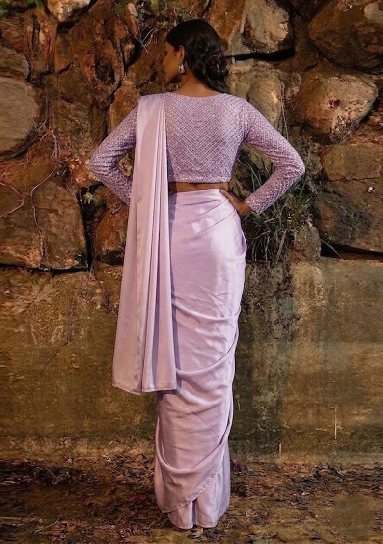 Lilac Embroidered Tissue Pre Draped Saree Set - Indya