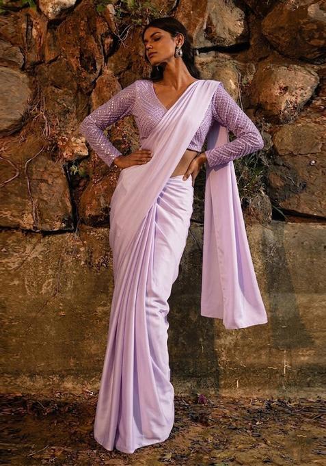 Lilac Embroidered Tissue Pre Draped Saree Set