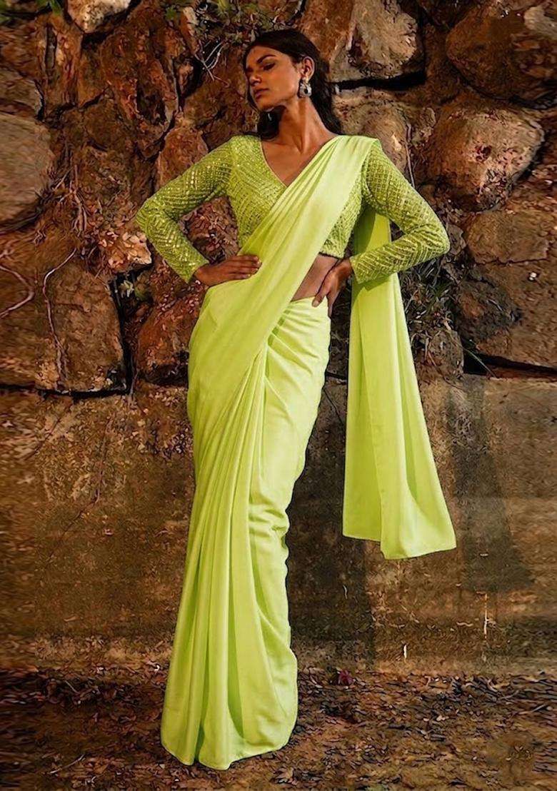 Mint Embroidered Tissue Pre Draped Saree Set - Indya