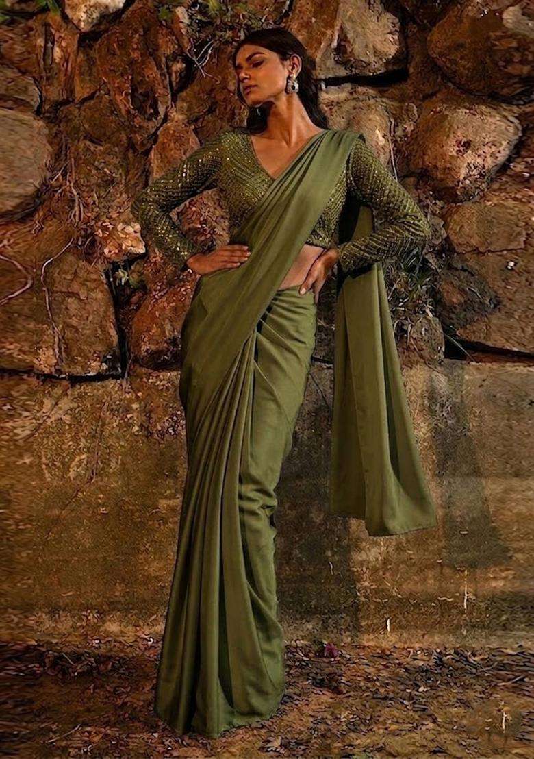 Olive Green Embroidered Tissue Pre Draped Saree Set - Indya