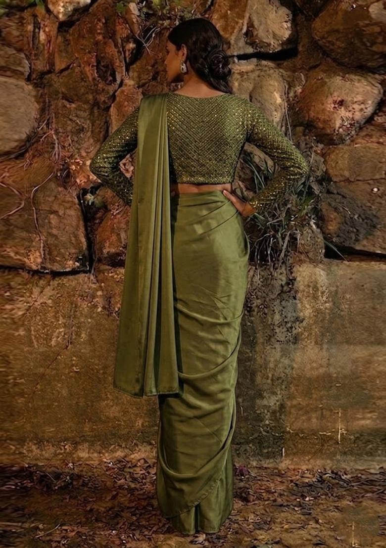 Olive Green Embroidered Tissue Pre Draped Saree Set - Indya