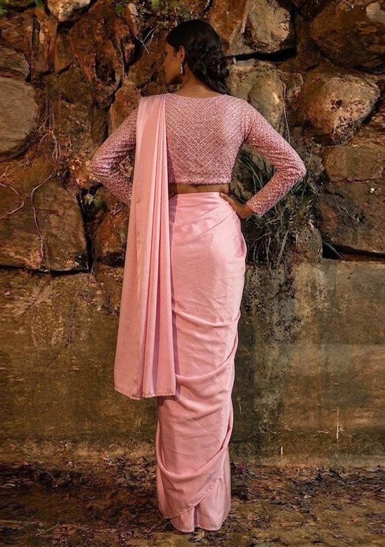 Pink Embroidered Tissue Pre Draped Saree Set - Indya