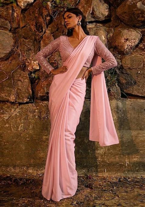 Pink Embroidered Tissue Pre Draped Saree Set