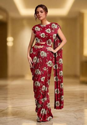 Ruby Red Printed Crepe Pre Draped Saree Set