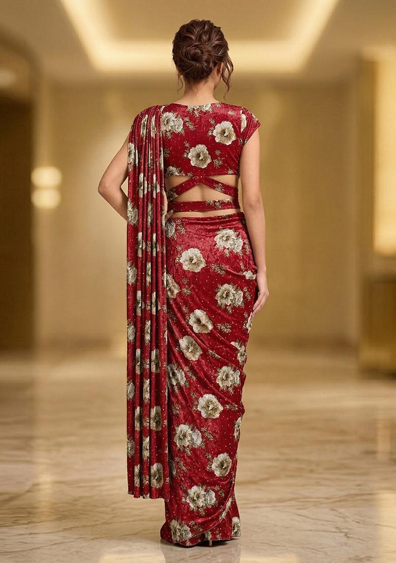 Ruby Red Printed Crepe Pre Draped Saree Set - Indya