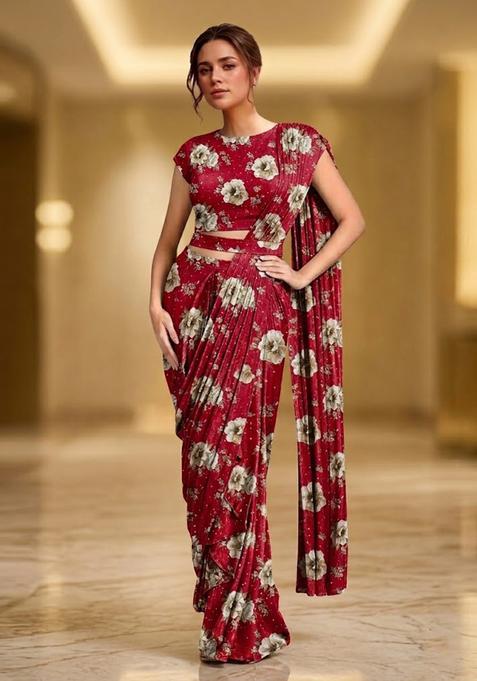 Ruby Red Printed Crepe Pre Draped Saree Set