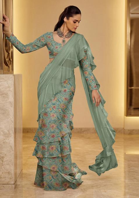 Sage Green Embroidered Organza Pre Draped Saree Set