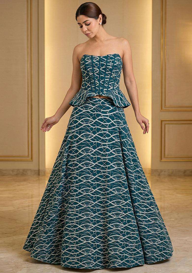 Teal Blue Embroidered Georgette Lehenga Set - Indya