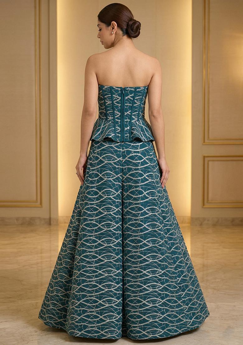 Teal Blue Embroidered Georgette Lehenga Set - Indya