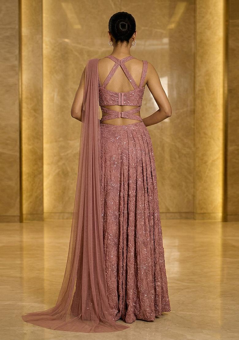 Dusty Rose Embroidered Chinon Pre Draped Saree Set - Indya
